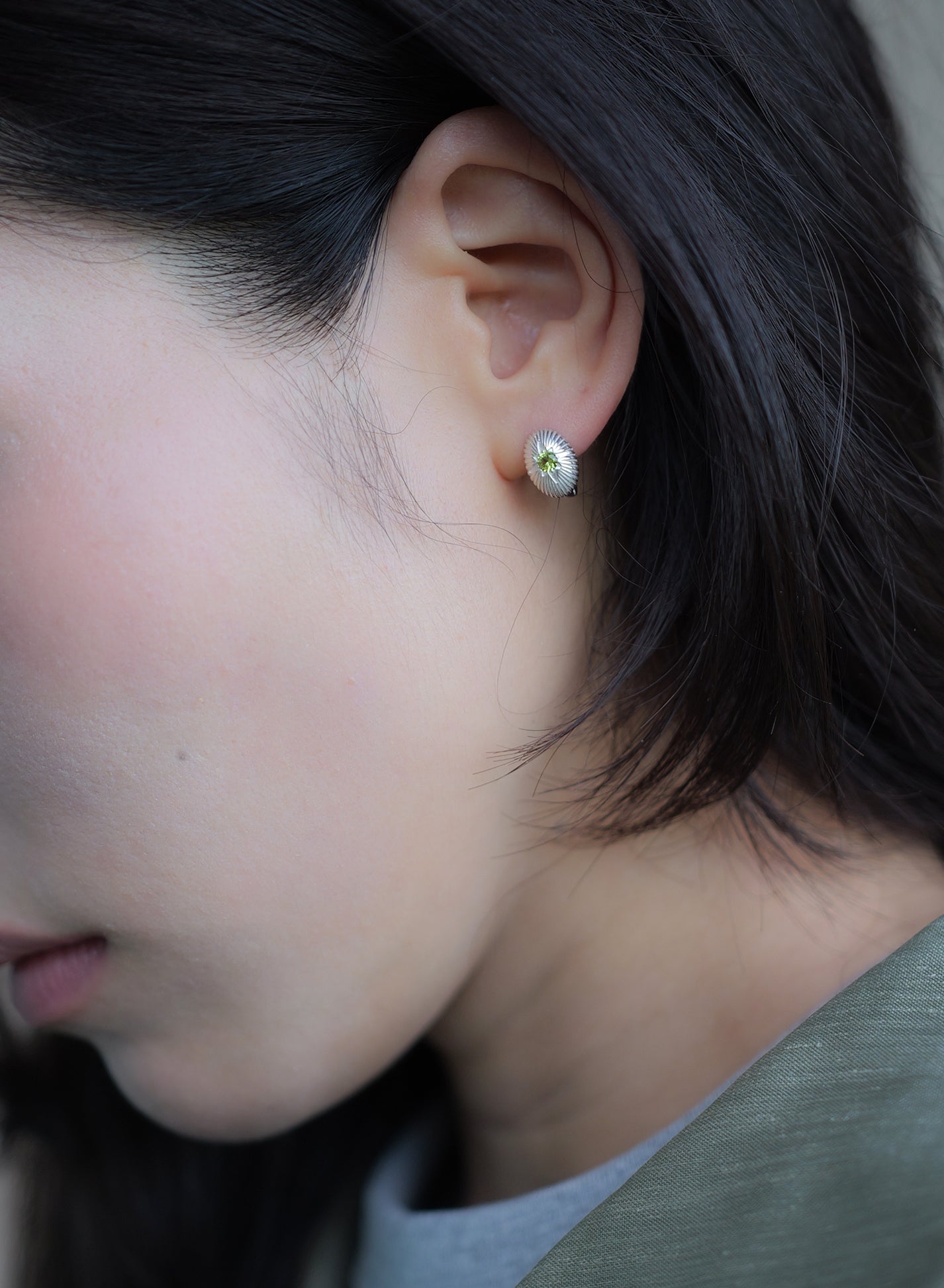 Peridot Green Cubic Zirconia Ribbed Shell Earrings