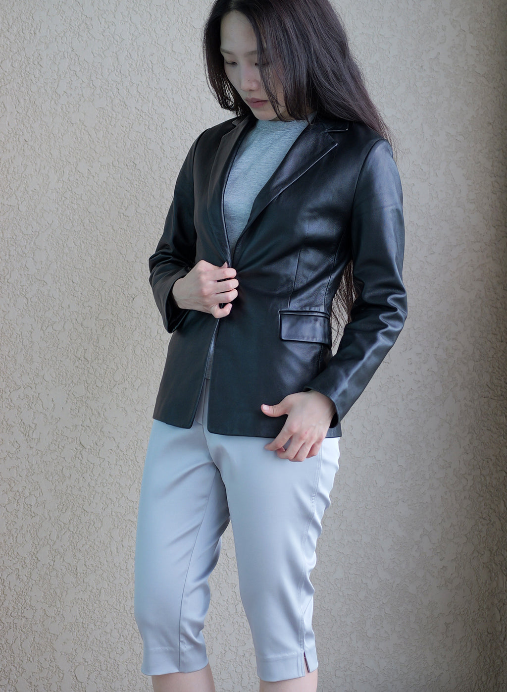 004 Vintage Genuine 90's One Button Leather Blazer — Black