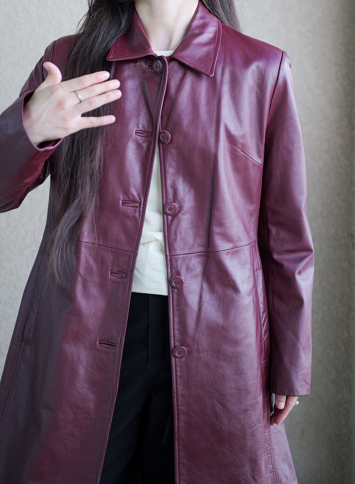 002 Vintage Genuine Leather Coat — Burgundy