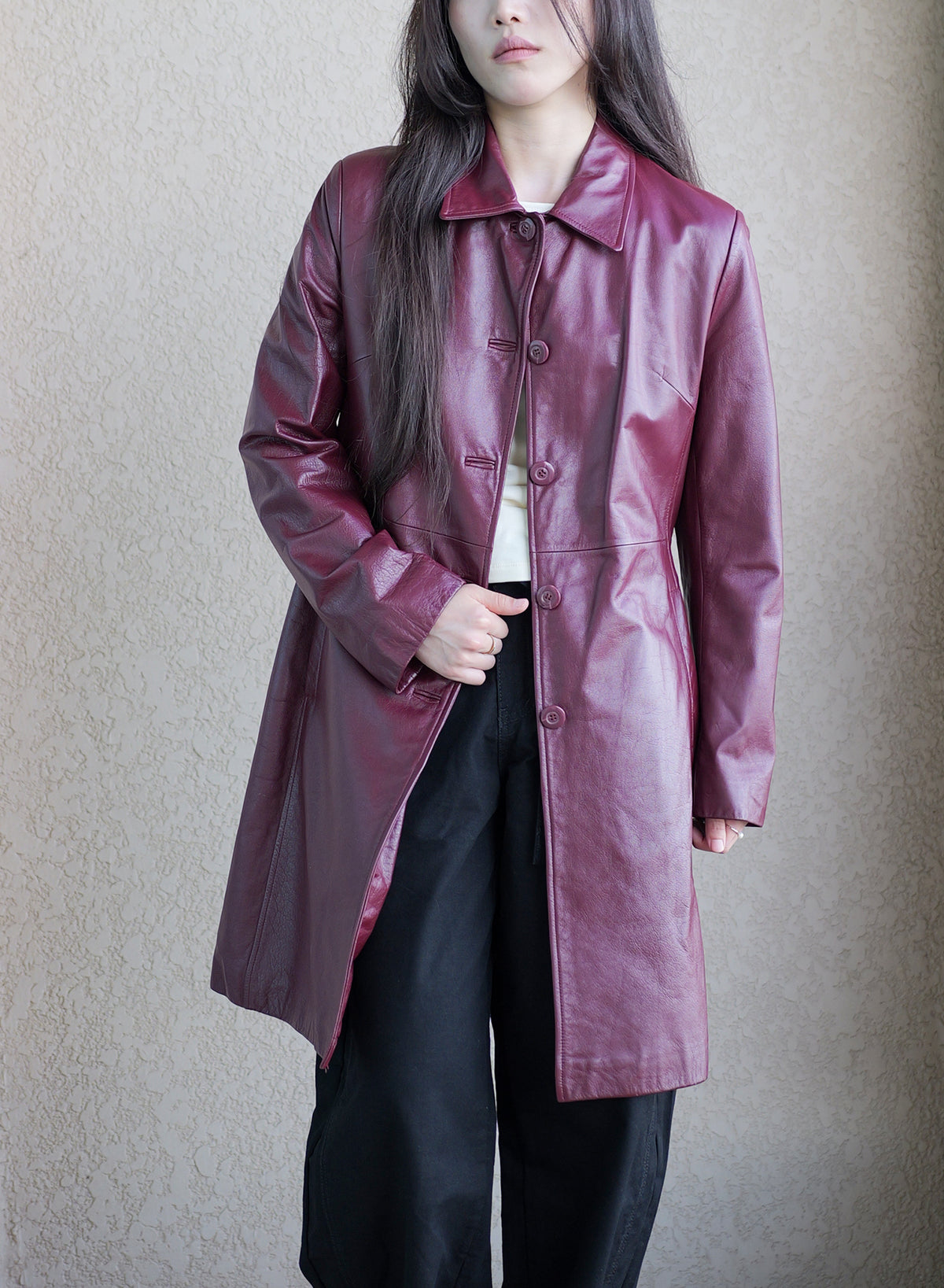 002 Vintage Genuine Leather Coat — Burgundy