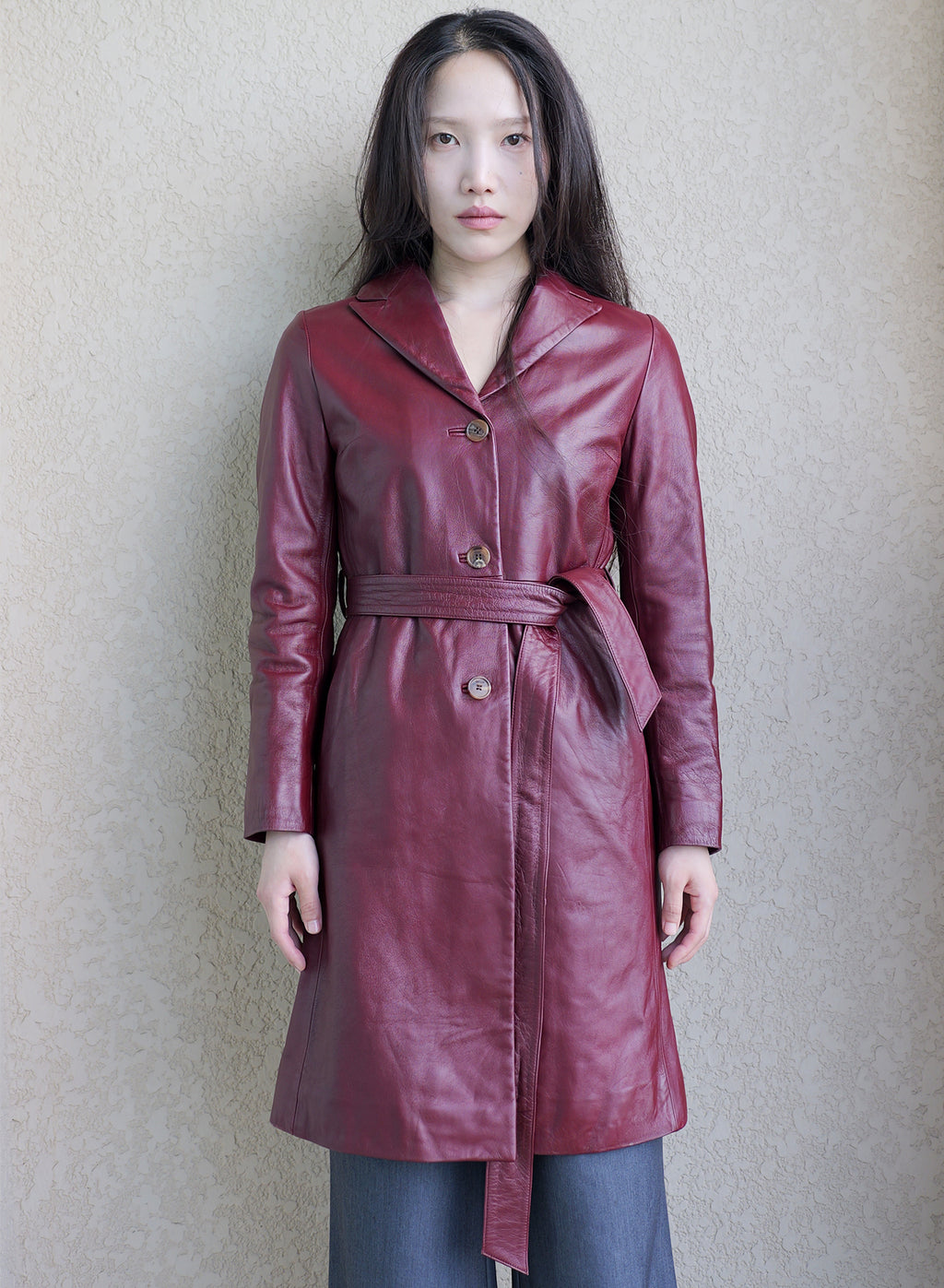 001 Vintage Genuine Leather Trench Coat — Burgundy