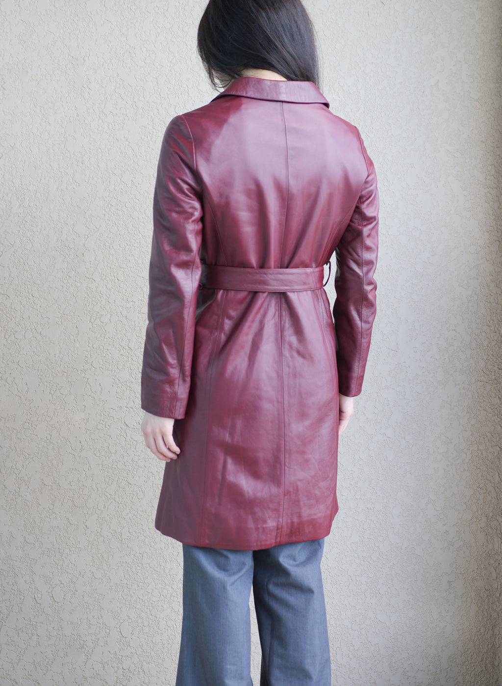 001 Vintage Genuine Leather Trench Coat — Burgundy