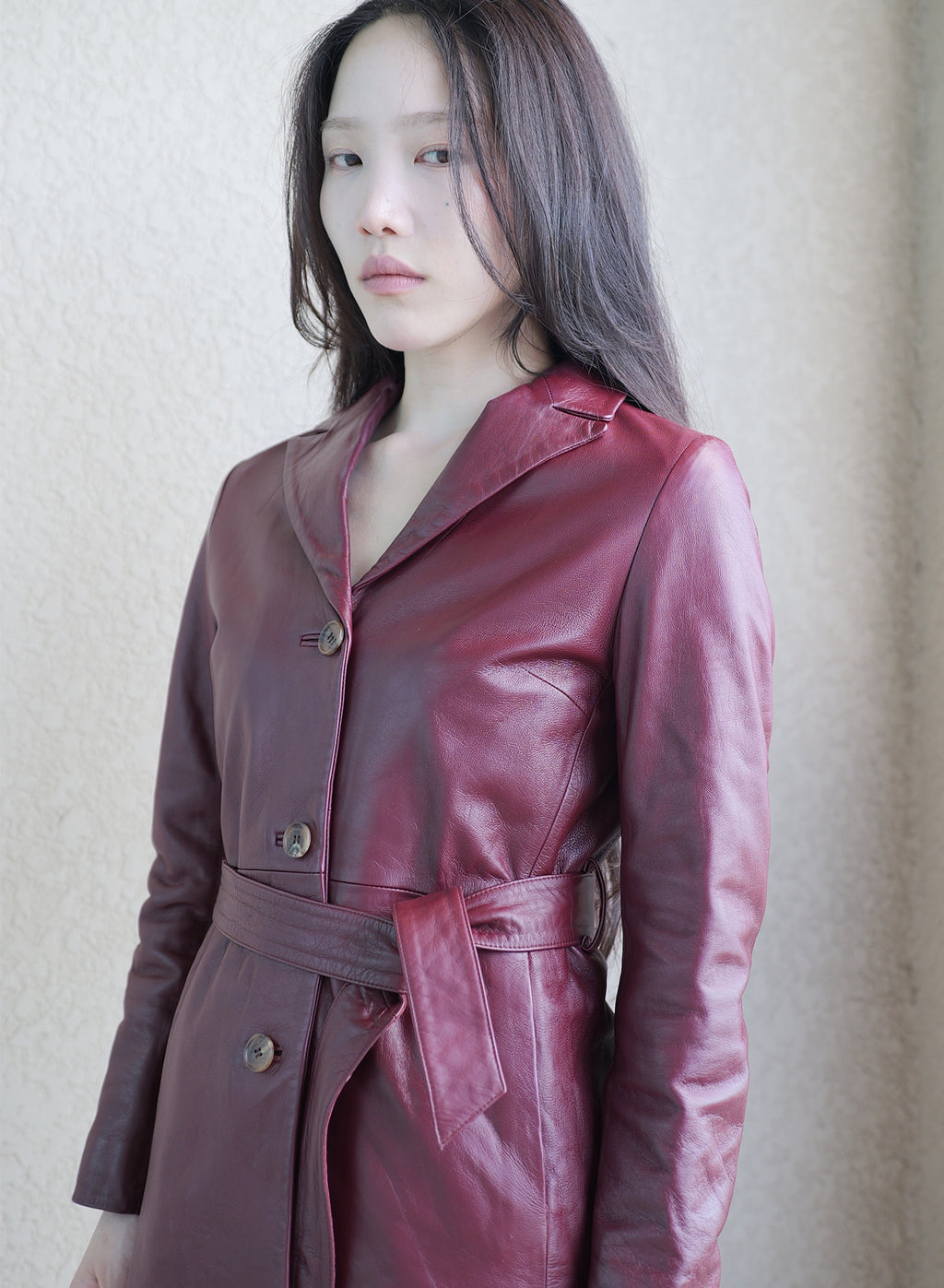 001 Vintage Genuine Leather Trench Coat — Burgundy