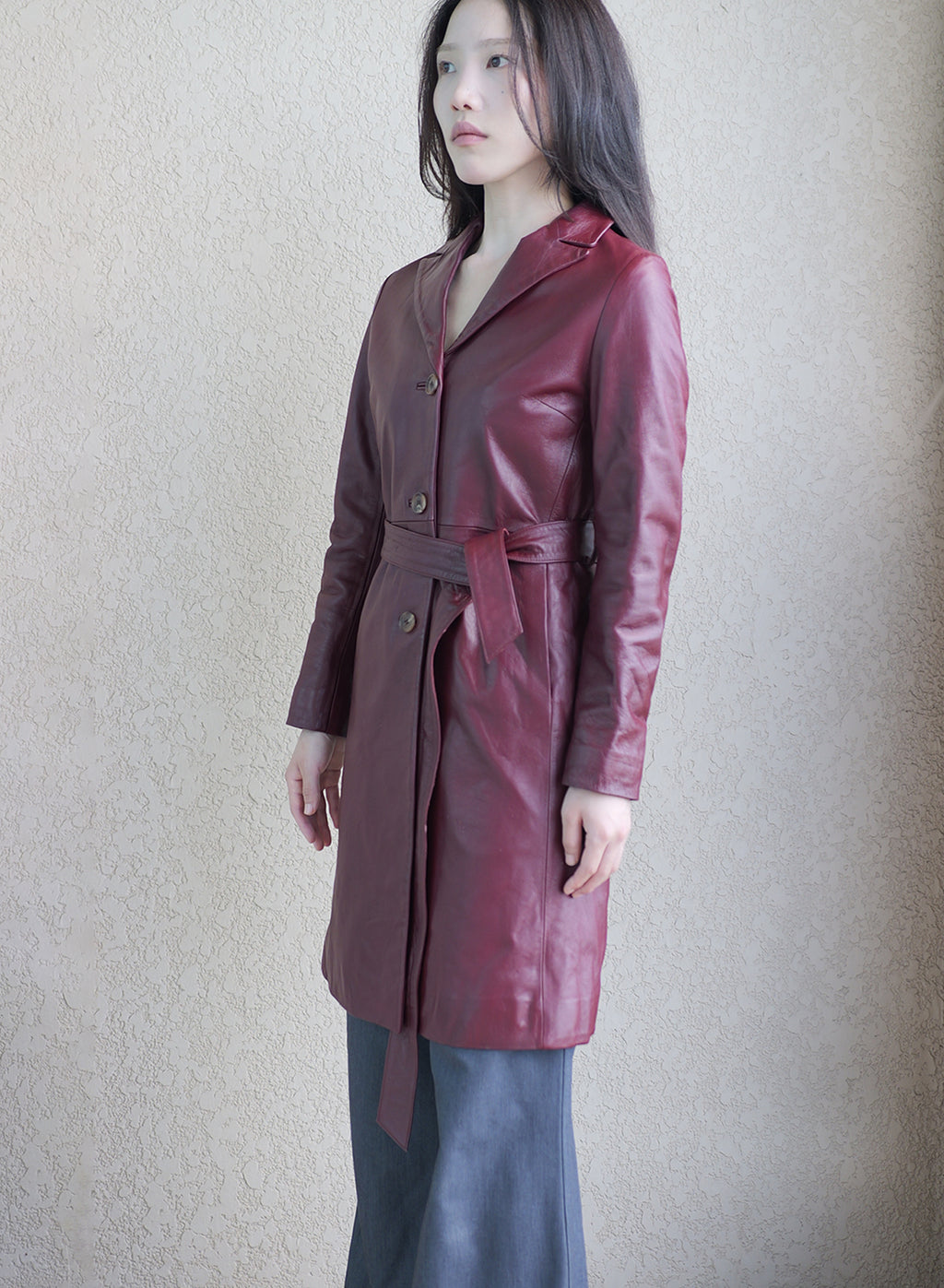 001 Vintage Genuine Leather Trench Coat — Burgundy