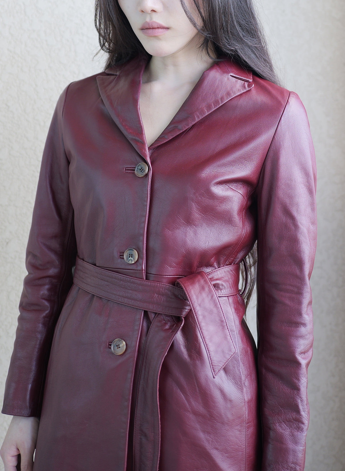 001 Vintage Genuine Leather Trench Coat — Burgundy