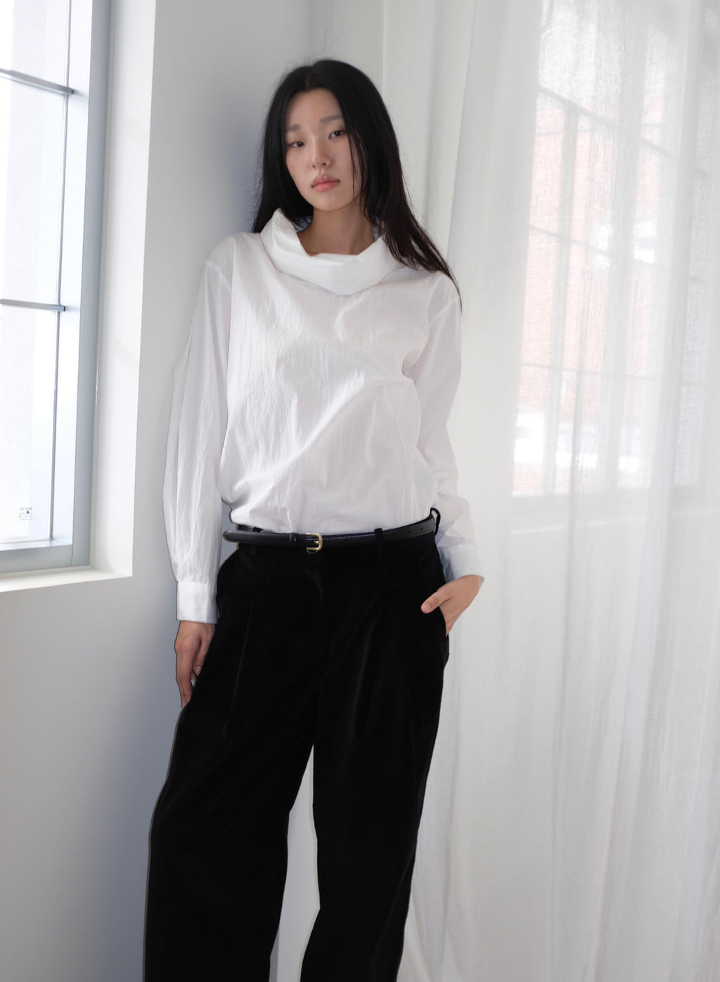 Cowl Neck Shirt - (White/Grey)