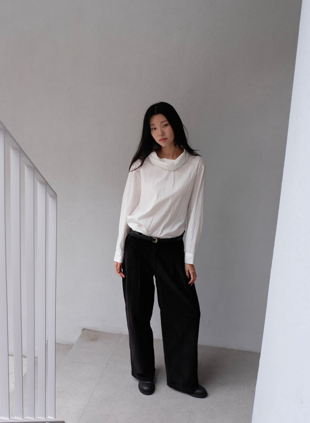 Cowl Neck Shirt - (White/Grey)
