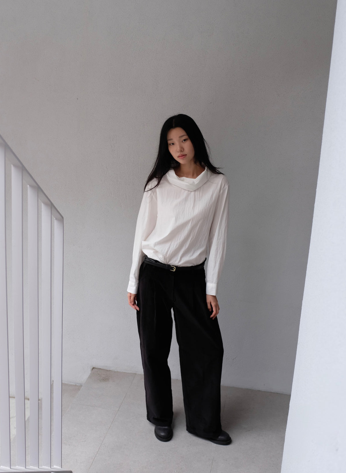 Cowl Neck Shirt - (White/Grey)
